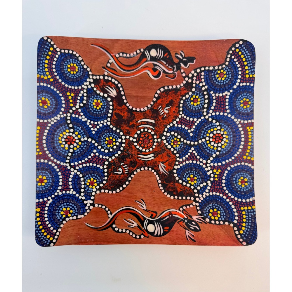 Vardo Australia Hand Painted Wooden Aboriginal Dot Art Kangaroo Lizard Plate 8in